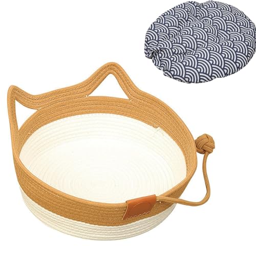 Cutypet Cat Basket, Cotton Rope Woven Cat Bed Basket, Rope Round Cats Nest with The Built-in Scratching Pad and Play Ball, Breathable ＆ Cool for Kitty (Brown+Pad-B,Large) von Generisch