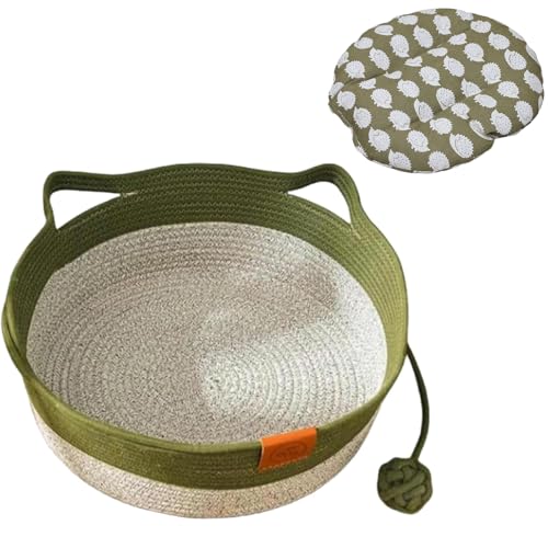 Cutypet Cat Basket, Cotton Rope Woven Cat Bed Basket, Rope Round Cats Nest with The Built-in Scratching Pad and Play Ball, Breathable ＆ Cool for Kitty (Green+Pad-A,Medium) von Generisch