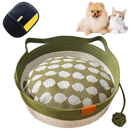 Cutypet Cat Basket, Hand Rope Cotton Round Nest Built-in Play Balls, Soft Cozy Washable with Detachable Pad and Pillow, Breathable & Easy to Clean (Green-A,Small) von Generisch