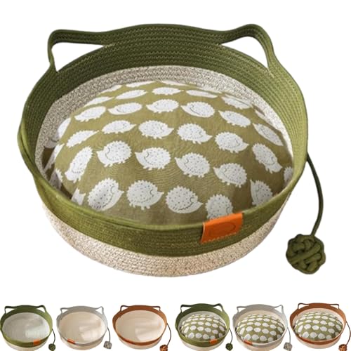 Cutypet Cat Basket, Handmade Woven Sleeping Bed Basket for Cats & Dogs, with Built-In Mat & Teasing Ball, Breathable & Easy to Clean and Detachable Pad (Green with mat,L) von Generisch