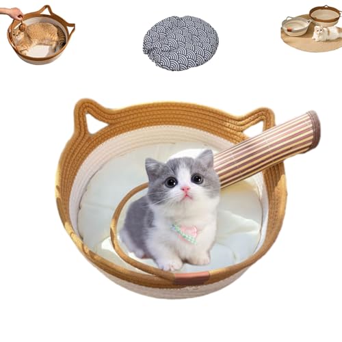 Cutypet Katzenkorb mit Spielzeugball, Katzenbett Korb Rund Baumwollseil Gewebt Mit Ball Spielzeug, Geeignet Für Alle Jahreszeiten (Braun + Weißes Kissen + Kühlmatte, L) von Generisch