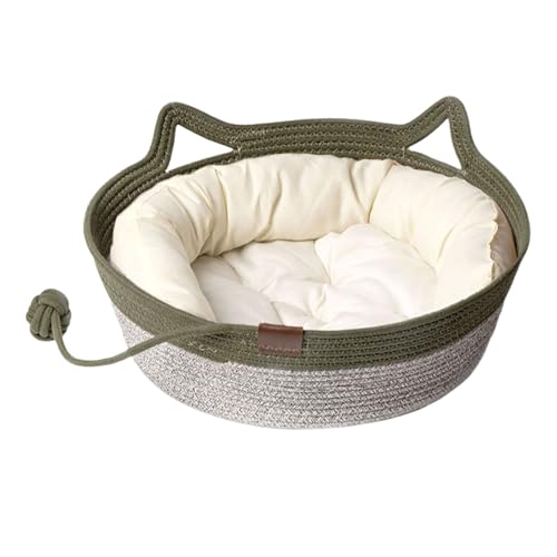 Cutypet Katzenkorb mit Spielzeugball, handgewebtes Baumwollseil-Katzenbett mit niedlichem Ohr-Design, langlebig, kratzfest, Schlafnest für Katzen und kleine Hunde (Grün 2, 42 * 42 * 15 cm) von Generisch