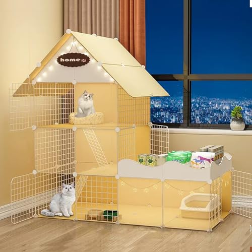 DIY Katzenkäfig mit Dach, mehrstöckiges Laufgitter mit Rampenleitern, Abnehmbares Metallgehege für drinnen und draußen von Generisch