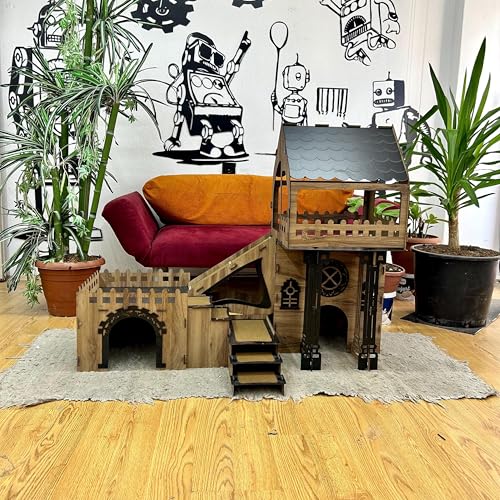 Dach‑Triplex Kaninchenhaus „Bunny Castle“ – Großes 3‑stöckiges Hasenschloss mit Terrasse & Holzbrücke – Für bis zu 4 Kaninchen (bis 10 kg), inkl. waschbaren Welsoft‑Kissen (Eiche-Schwarz, N) von Generisch
