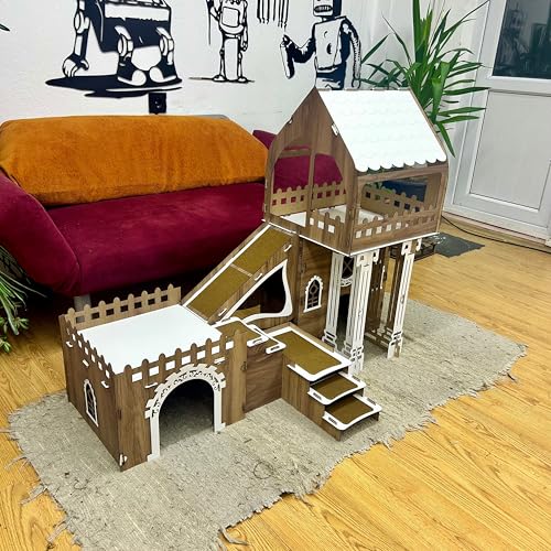 Dach‑Triplex Kaninchenhaus „Bunny Castle“ – Großes 3‑stöckiges Hasenschloss mit Terrasse & Holzbrücke – Für bis zu 4 Kaninchen (bis 10 kg), inkl. waschbaren Welsoft‑Kissen (Eiche-weiß, N) von Generisch