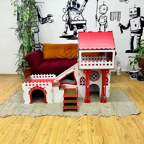 Dach‑Triplex Kaninchenhaus „Bunny Castle“ – Großes 3‑stöckiges Hasenschloss mit Terrasse & Holzbrücke – Für bis zu 4 Kaninchen (bis 10 kg), inkl. waschbaren Welsoft‑Kissen (weiß Rot, N) von Generisch