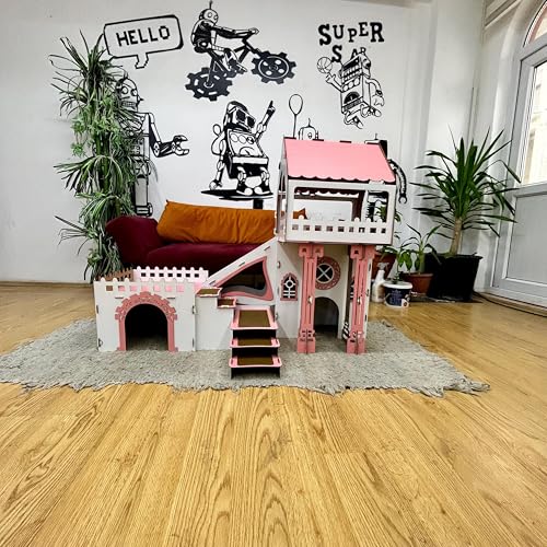 Dach‑Triplex Kaninchenhaus „Bunny Castle“ – Großes 3‑stöckiges Hasenschloss mit Terrasse & Holzbrücke – Für bis zu 4 Kaninchen (bis 10 kg), inkl. waschbaren Welsoft‑Kissen (weiß-rosa, N) von Generisch