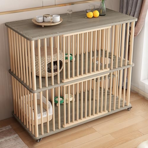 Doppelschichtige Katzenvilla, Massivholz-Katzenkäfig für Indoor-Katzen mit 360° drehbaren Rollen, atmungsaktives und komfortables Haustiergehege aus Holz von Generisch