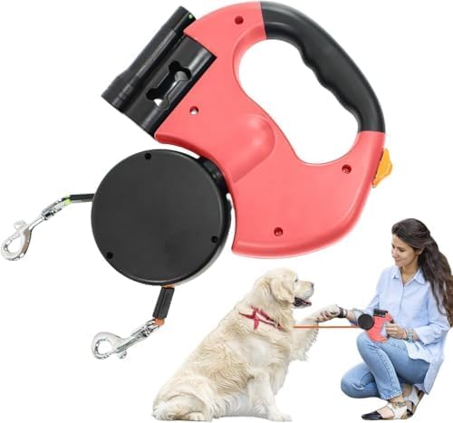 Doppelte Einziehbare Hundeleine, Strapazierfähig, Flexible Einziehbare Hundeleine Doppelleine Zwei Hunde mit LED Licht und Müllbox für Kleine und Mittelgroße Hunde (Red) von Generisch