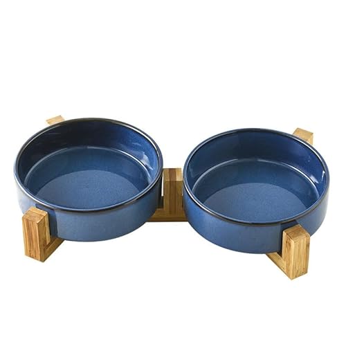 Doppelter Futternapf für Katzen, Keramik-Hundenapf-Set mit Holzständer, erhöhter Futternapf für langsames Futter und Wasser, langsamer Futternapf, Katzennapf, Futternapf (blau, (2 flach), L mit von Generisch
