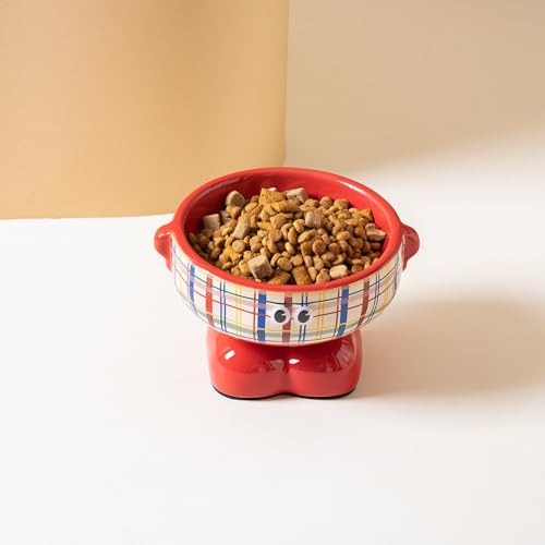 Erhöhter Keramik-Futternapf, erhöhter Katzennapf, Monster-Design, 300 ml Fassungsvermögen, 750 g, für Katzen und kleine oder mittelgroße Hunde, Trocken- und Nassfutter, Trinknapf, Rosa, rotes von Generisch