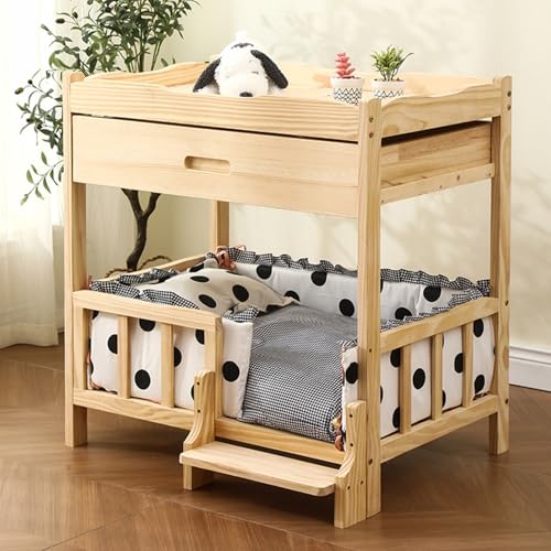 Erhöhtes Haustierbett mit Stauraum und abnehmbarer weicher Matte - Hundebett aus Holz mit Leiter für Katzen und Hunde - Erhöhtes Haustierbett mit Stauraum und abnehmbarer weicher Matte - Hundebett aus Holz mit Leiter für Katzen und Hunde - von Generisch