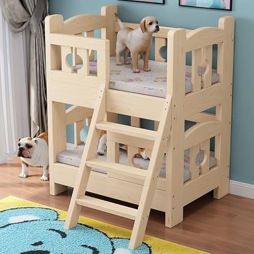 Etagenbett für Hunde – Doppelschichtiger Holzrahmen mit abnehmbarem Design und Treppe, ideal für kleine, mittelgroße und große Haustiere mit Liegeplattform von Generisch