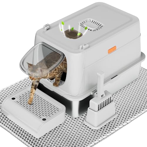 Extra große Katzentoilette aus Edelstahl mit Deckel, geschlossene abnehmbare Metallwanne, Streuschaufel, doppellagige Matte, einfache Reinigung für große Katzen von Generisch