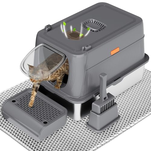 Extra große Katzentoilette aus Edelstahl mit Deckel, geschlossene abnehmbare Metallwanne, Streuschaufel, doppellagige Matte, einfache Reinigung für große Katzen von Generisch