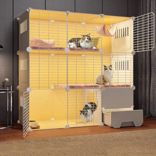 Extra großer Katzenkäfig, 3-stöckig, Indoor-DIY Laufstall mit geschlossener Katzentoilette und großem Übungsbereich für Kleintiere, Eckdesign von Generisch