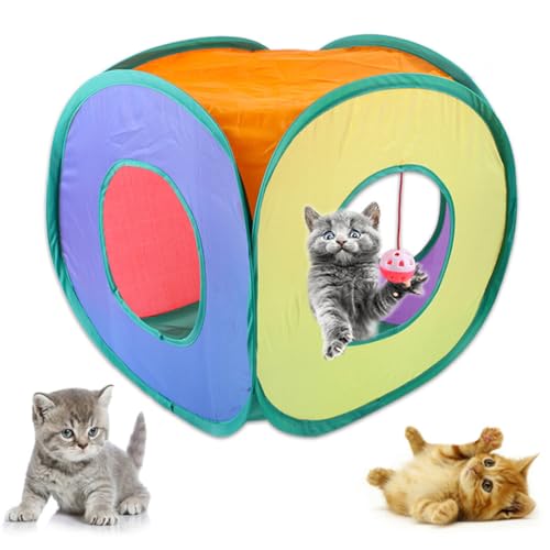 Faltbares interaktives Katzentunnel-Spielzeug: faltbares, buntes Haustierbett-Würfel mit Glockenball – tragbares Kätzchen-Spielhaus von Generisch