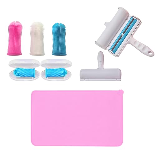 Fellpflegeset – 360 Grad Hundezahnbürste, Hunde- und Katzen-Futtermatte, Größe 47 x 30 cm, Tierhaarentferner-Rolle – Pflegewerkzeuge für Hunde und Katzen (rosa Matte, 47 x 30 cm) von Generisch