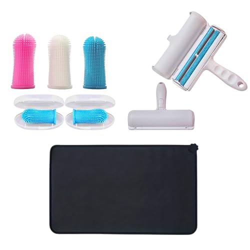 Fellpflegeset für Haustiere, 3 Stück, 360-Grad-Silikon-Zahnbürste für Hunde und Katzen, 1 Packung Futtermatte, Größe 47 x 30 cm, 1 Packung Tierhaarentferner, Fusselrolle (mit schwarzer Matte) von Generisch