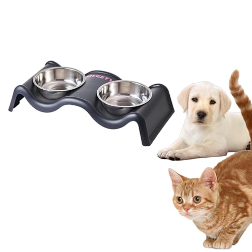 Futternapf Für Haustiere, Edelstahl Fressnäpfe 2er, 15° Kippbare Katzennäpfe Doppelter Katzenfutter Katzenfutterschale Futternapf Für Katze Welpe Futter Und Wasser (B, 35x17x7cm) von Generisch