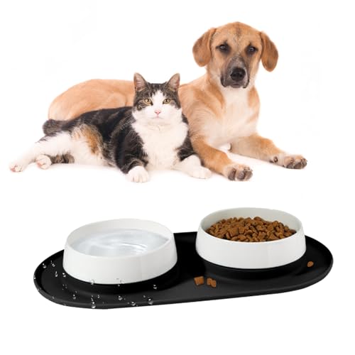 Futternapf mit Keramikschüsseln und Napfunterlage 2x 650ml, Hundenapf und Katzennapf aus Keramik mit rutschfester Napfunterlage Hund von Generisch