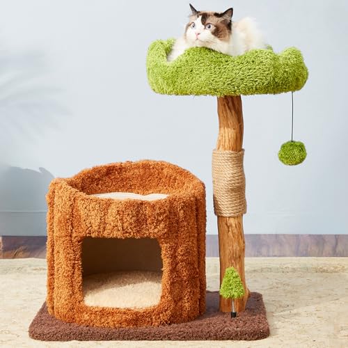 Gemütliches Katzenhaus mit hängendem Plüschball und Sisal-Kratzbaum - Naturholz-Design für einfache Montage von Generisch