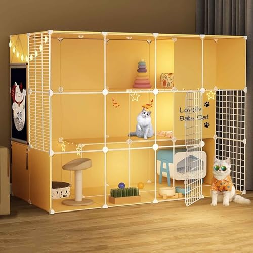 Generic Großer Katzenkäfig für den Innenbereich, abnehmbar, extra groß, Katzenlaufstall für Kleintiere, gelbes Katzenhaus mit Klappe, mehrere von Generisch