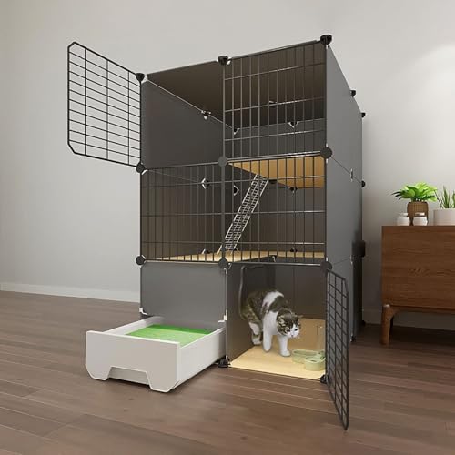 Generic Großer abnehmbarer Katzenkäfig für den Innenbereich mit Katzentoilette – 2/3-stöckiger Metall-Katzenlaufstall für 1–3 Katzen (schwarz, 75 x 94 x 100 cm) von Generisch