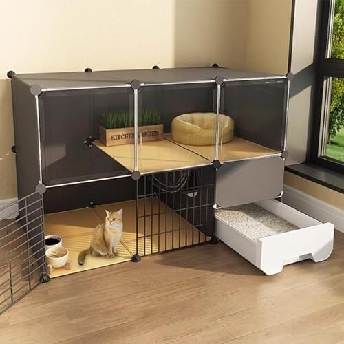 Generic Haustierkäfig, Katzenkäfig, Katzenkäfig mit Katzenklo, Indoor-Katzengehege mit HD-Fenstern, 2/3-stöckig, wetterfest, Laufstall und Trainingsplatz, einfach zu montieren (L x B x H) 111 x 49 x von Generisch