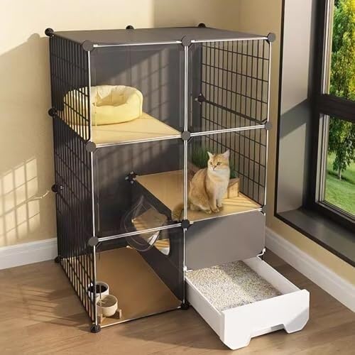 Generic Haustierkäfig, Katzenkäfig, Katzenkäfig mit Katzenklo, Indoor-Katzengehege mit HD-Fenstern, 2/3-stöckig, wetterfest, Laufstall und Trainingsplatz, einfach zu montieren (L x B x H) 75 x 49 x von Generisch