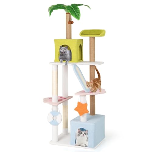 Generic Kratzbaum, 180 cm hoher Katzenturm mit Sitzstange, 2 Höhlen, Leiterbrett, Kratzbäume, künstliche Pflanze & Hängespielzeug, mehrstufiges Strandthema Kitty Activity Center für Indoor-Katzen von Generisch