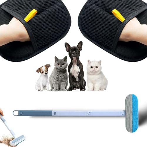Generisch 3-In-1 Tierhaarentferner mit Pack of Tierhaarentfernungshandschuh, Tierhaarentferner Multifunktion Langen Griff, Pet Hair Remover, Wiederverwendbar Und Waschbar für Möbel, Kleidung,Teppiche von Generisch