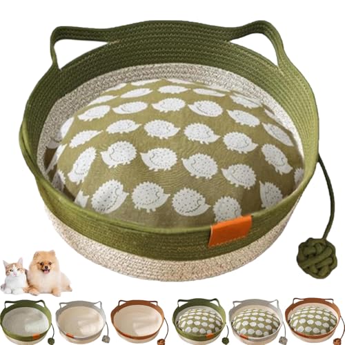 Generisch Cutypet Cat Basket, Cotton Rope Woven Cat Bed Basket, Rope Round Cats Nest with Built-in Scratching Pad and Play Ball for Cats and Dogs All-Season (Green+mat,Medium) von Generisch