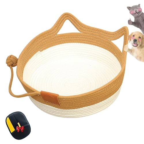 Generisch Cutypet Cat Basket, Virela Wicker Woven Cat Bed, Cotton Rope Woven Handwoven Round Cats Bed with Toy Tail, Scratching Pad and Play Ball, Breathable Beds for Pet (Caramel,Large) von Generisch