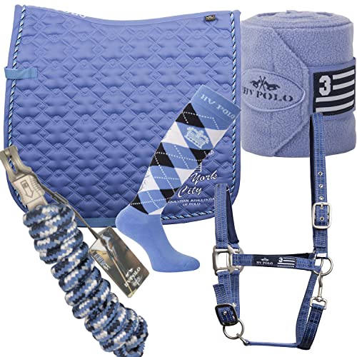 Generisch HVPL Pferde Schabracken-Set Blau 5 teilig Flinn DR Größe WB (Schabracke Halfter Strick Bandage Reitsocken) (Sockengröße 35-38) von Generisch