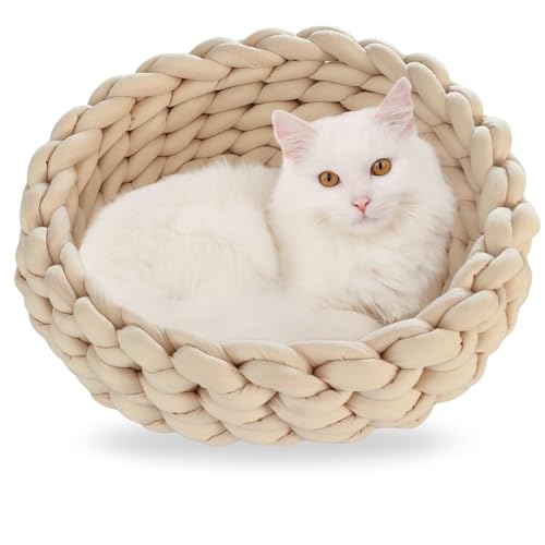 Generisch Katzenbett Ø 40 cm & 14 cm hoch| Geflochtener Katzenkorb aus Baumwolle| Hundebett, Katzenkorb für Katzenspielzeug| waschbar von Generisch