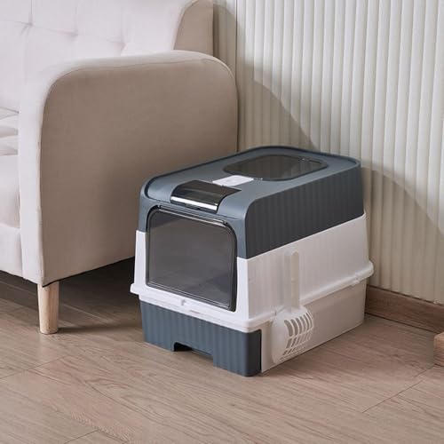 Generisch Katzenklo mit Deckel,Katzentoilette mit Ausziehbares Tablett, geräumig für Katzen bis 15 kg, Auslaufsicherer Boden 48x35x37cm (Grau) von Generisch