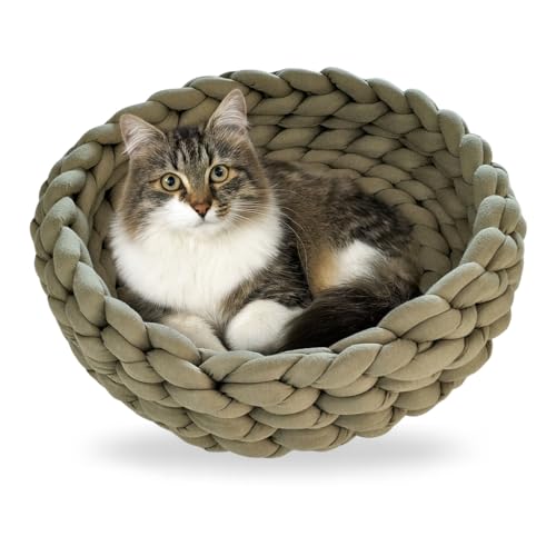 Generisch Katzenbett Ø40 cm & 14 cm hoch| Geflochtener Katzenkorb aus Baumwolle | Hundebett, Katzenkorb, Katzenkorb für Katzenspielzeug, waschbar (Olive) von Generisch