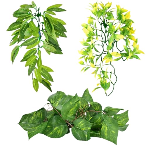 Generisch Reptilienpflanzen,3 Stück,Verschiedene Kunstpflanzen für Reptilientankpflanzen,Terrarienpflanzen mit grünen Blättern für Reptilienzubehör von Generisch