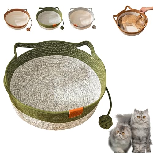 Generisch Stimulicat Cat Bed, Handwoven Cotton Rope Cat Basket with Built-in Teasing Ball, Scratchable & Breathable Round Sleeping Nest, Easy-to-Clean Pet Nest for Small Large Cats Dog (Green,Small) von Generisch