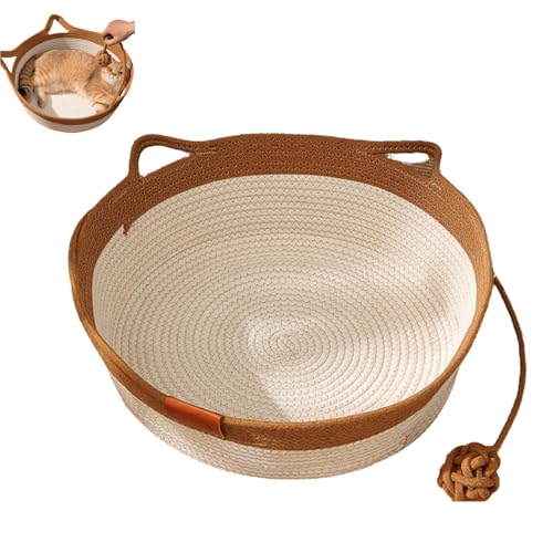 Generisch Virelapets Katzenkorb aus gewebtem Seil, handgewebtes Katzenbett mit integrierter Kratzmatte und Spielball, 33 cm / 40 cm / 45 cm Katzenspielzeugkorb, geeignet für alle Katzen (Khaki, 18in) von Generisch
