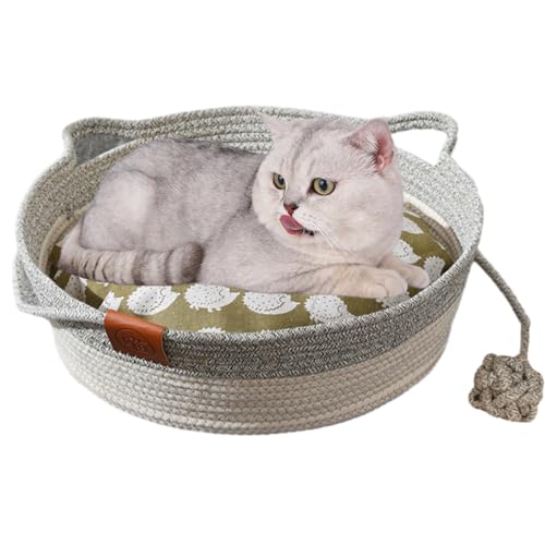 Generisch Virelapets Woven Rope Cat Basket,Hand Woven Cat Basket Bed with Toy Ball,Puppies Sleeping Bed for Cat & Small Dog Within 22lb,Breathable & Easy to Clean (Gray+Mat,17in) von Generisch