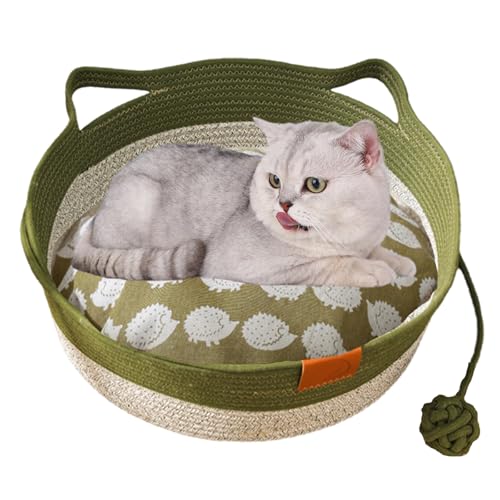 Generisch Virelapets Woven Rope Cat Basket,Hand Woven Cat Basket Bed with Toy Ball,Puppies Sleeping Bed for Cat & Small Dog Within 22lb,Breathable & Easy to Clean (Green+Mat,17in) von Generisch