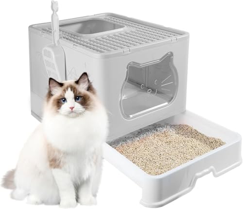 Geschlossene Katzentoilette mit Haube - XXL Katzenklo (50x40x38cm) aus PP/PC | Geruchsfreies Katzenklo mit Schublade & hoher Geruchskontrolle in Grau von Generisch