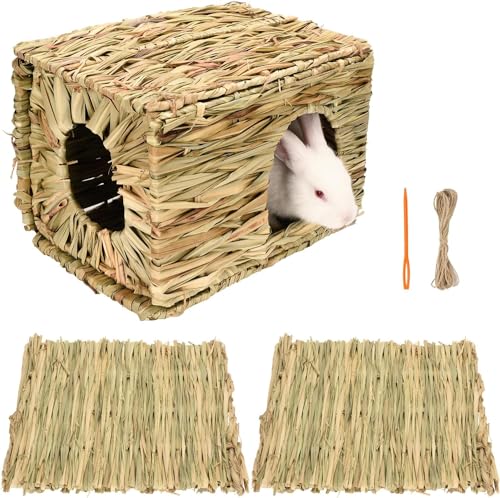 Grashaus für Kaninchen (1 Stück) und Grasmatte für Kaninchen, Häschen (2 Stück), handgewebte Strohhütte, Kleintierkäfige, Heumatte für Meerschweinchen, Papagei, Kaninchen, Hamster, Chinchilla, von Generisch