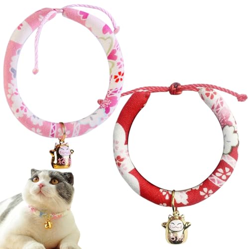 Handgefertigtes Katzenhalsband aus Leinen mit Blumendruck mit Glöckchen, verstellbar, leicht, für Kätzchen, 2 Stück von Generisch
