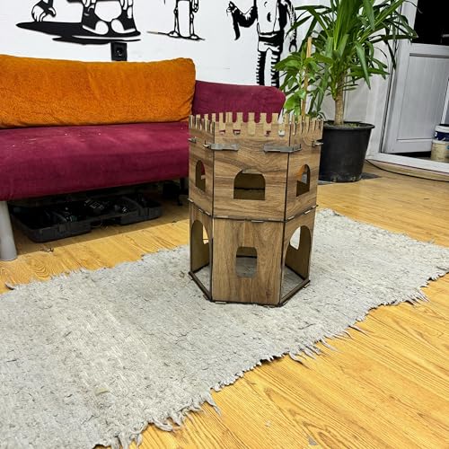 Hexagon Kaninchenhaus aus MDF – 2‑stöckige Holzburg mit Rampen – Zerlegbares Hasenhaus für 1–2 Kaninchen & andere Kleintiere – 50 cm hoch, handgefertigt, sicher & dekorativ (Eiche-Schwarz, N) von Generisch