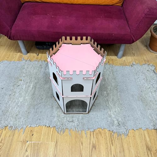Hexagon Kaninchenhaus aus MDF – 2‑stöckige Holzburg mit Rampen – Zerlegbares Hasenhaus für 1–2 Kaninchen & andere Kleintiere – 50 cm hoch, handgefertigt, sicher & dekorativ (weiß-rosa, N) von Generisch
