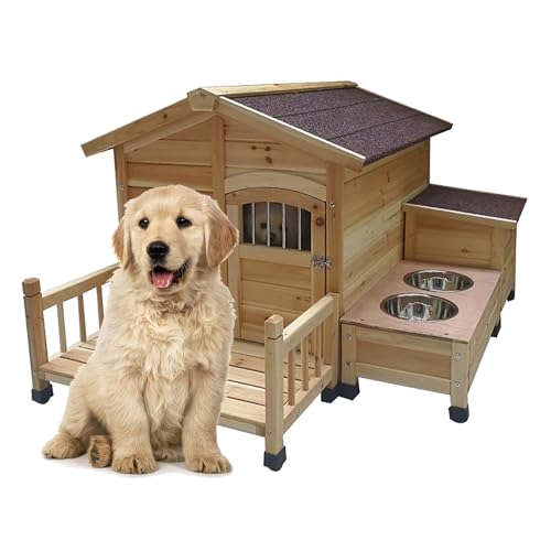 Hölzerne Hundehütte für den Außenbereich im Hüttenstil mit erhöhtem Boden, Steindach, Haustür und Veranda für mittelgroße bis große Hunde Hölzerne Hundehütte für den Außenbereich im Hüttenstil mit erhöhtem Boden, Steindach, Haustür und Veranda für mittelgroße bis große Hunde von Generisch