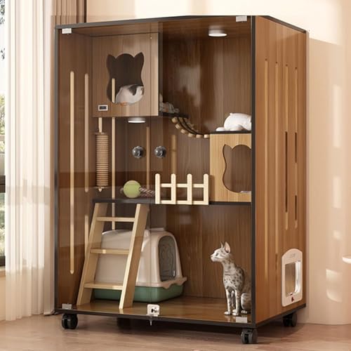 Hölzernes Katzenhaus für den Innenbereich, großes Katzenhaus aus Holz für drinnen und draußen, multifunktional, geschlossene Katzenkäfige mit Fluchttüren und Rollen, geeignet für Heimtiergeschäft, C2 von Generisch